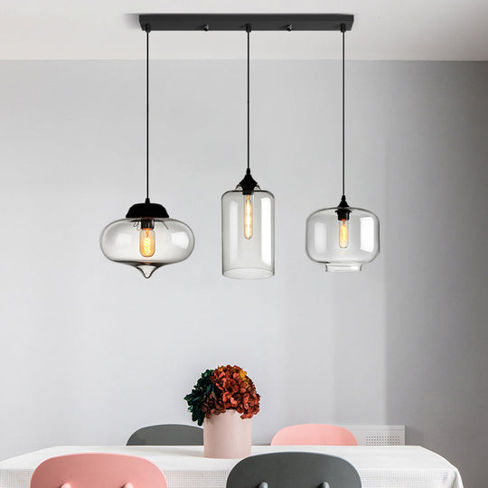 Clear Glass Industrial Shaded Multi-Light Pendant: 3-Bulb Hanging Lighting for Dining Room