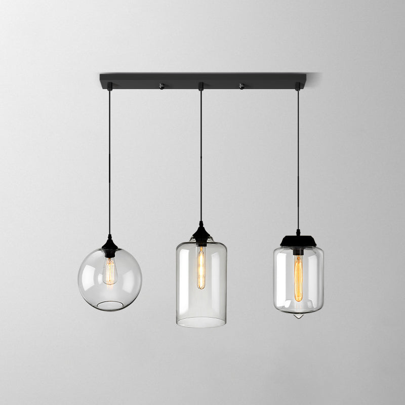 Industrial Clear Glass Multi Light Pendant - 3 Bulbs Dining Room Lighting / R