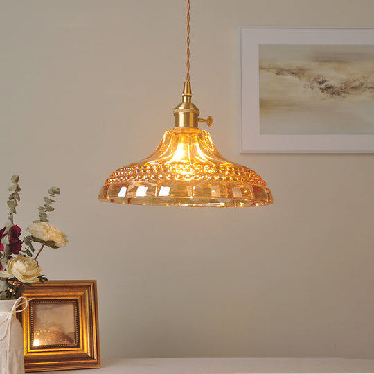 Sleek Amber Glass Pot Lid Pendant Light - Simplicity style with 1-Bulb for Restaurants