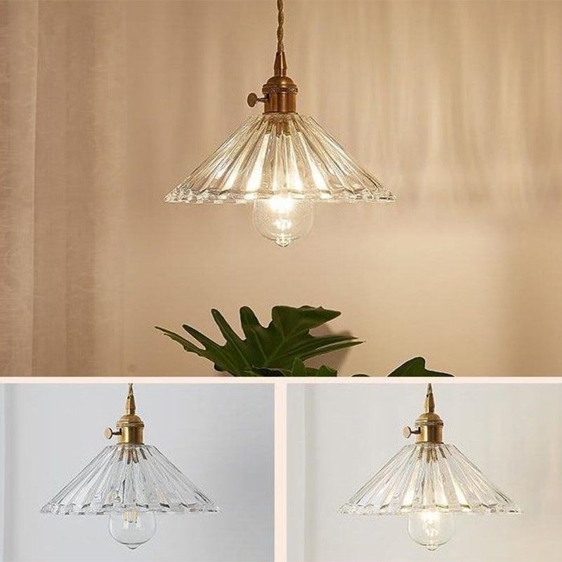 Simplicity Clear Ribbed Glass Cone Pendant Light Fixture for Restaurants - 1 Bulb Hanging Light