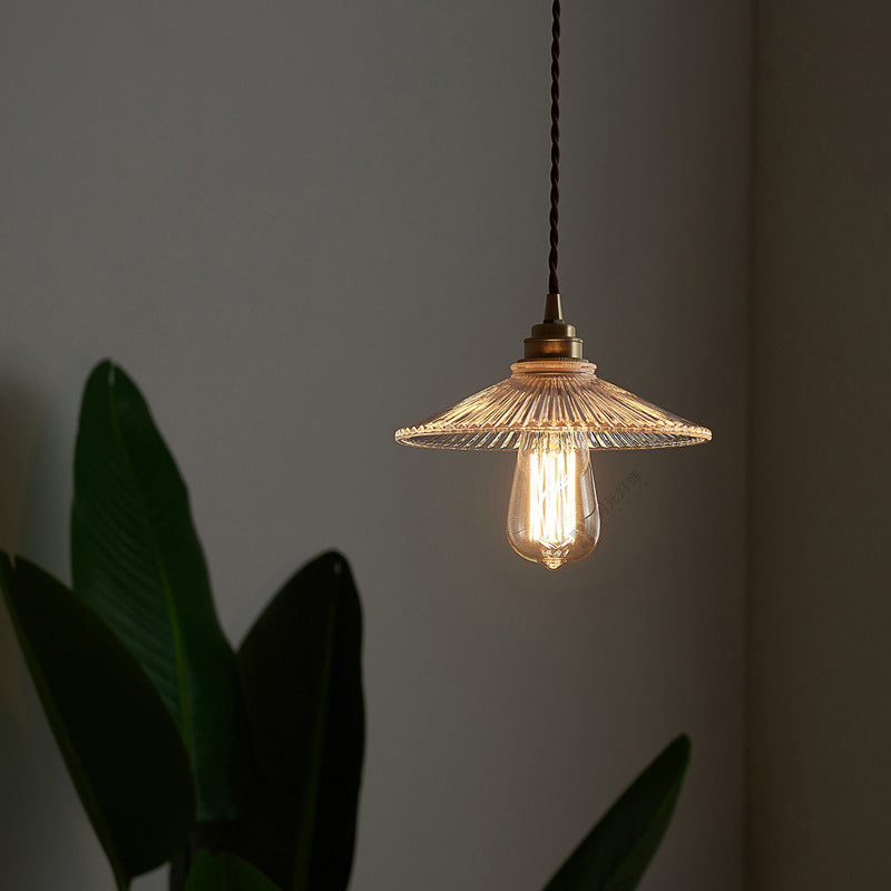 Retro Style Single Pendant Ceiling Light: Clear Ribbed Glass Conical Suspension For Dining Room