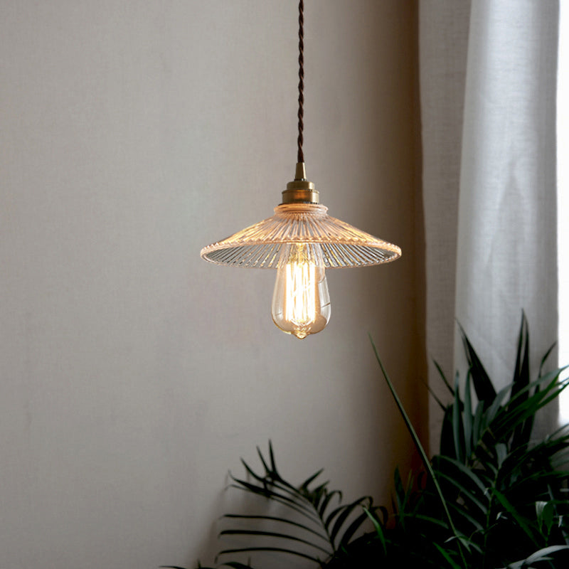 Retro Style Single Pendant Ceiling Light: Clear Ribbed Glass Conical Suspension For Dining Room