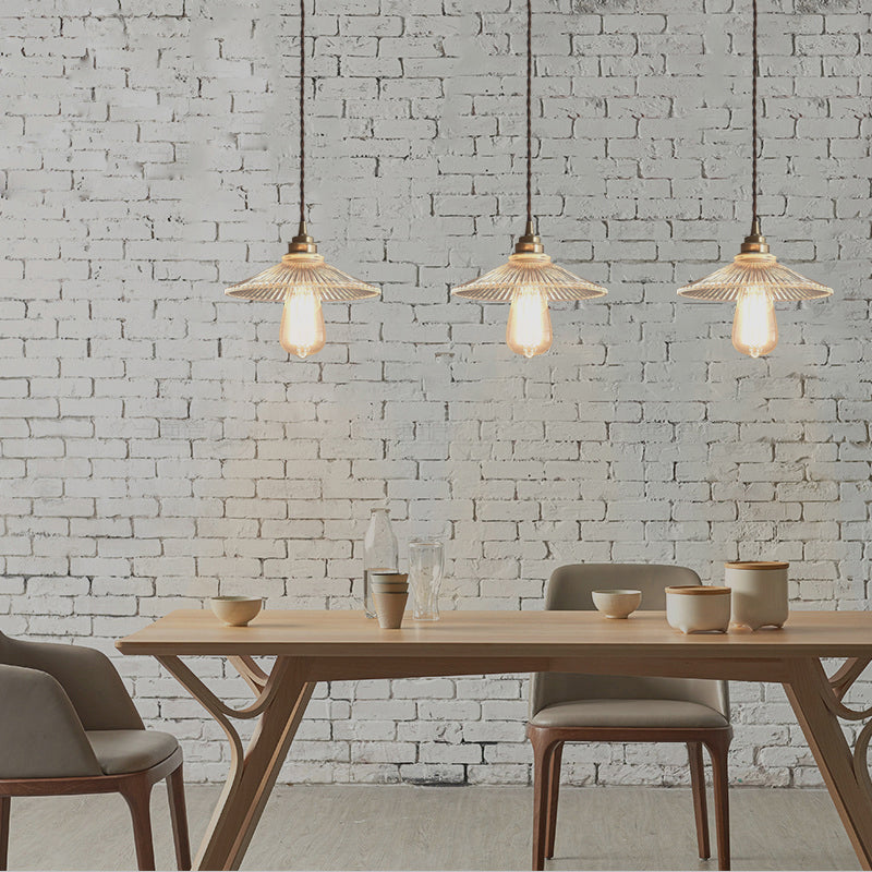 Retro Style Single Pendant Ceiling Light: Clear Ribbed Glass Conical Suspension For Dining Room