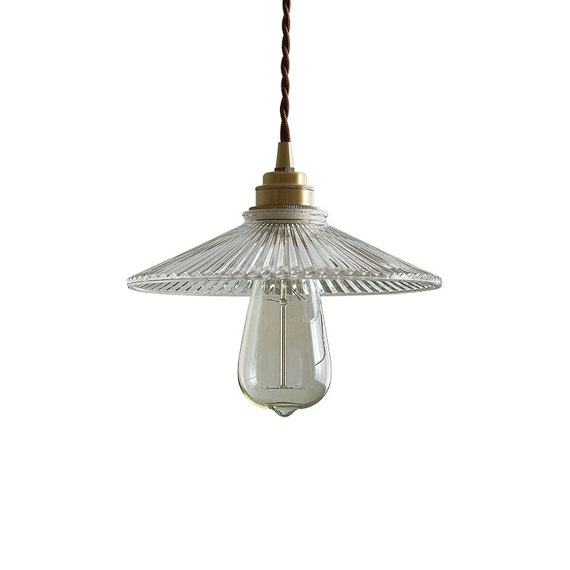 Retro Style Single Pendant Ceiling Light: Clear Ribbed Glass Conical Suspension For Dining Room