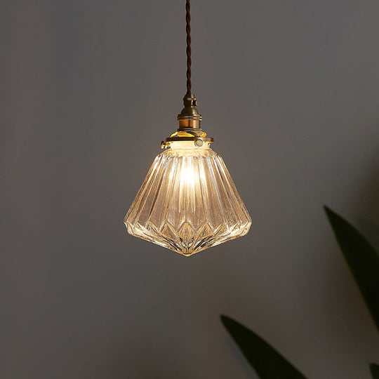 Vintage Style Clear Glass Pendant Lamp With Ribbed Design - Ideal For Restaurants And Single-Bulb