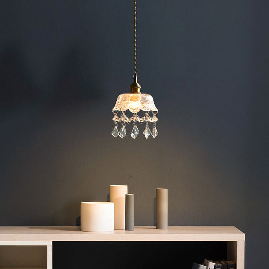 Clear Glass Industrial Pendant Light With Crystal Draping - Elegant Dining Room Ceiling Fixture