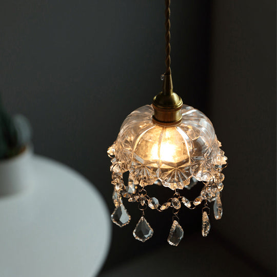 Clear Glass Industrial Pendant Light With Crystal Draping - Elegant Dining Room Ceiling Fixture / A