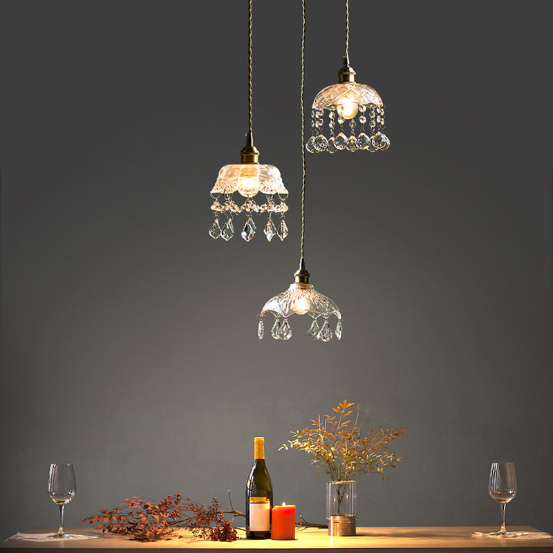 Clear Glass Industrial Pendant Light With Crystal Draping - Elegant Dining Room Ceiling Fixture