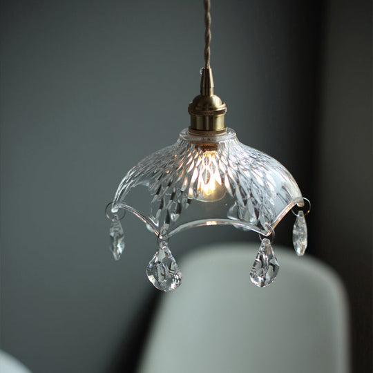 Clear Glass Industrial Pendant Light With Crystal Draping - Elegant Dining Room Ceiling Fixture / C