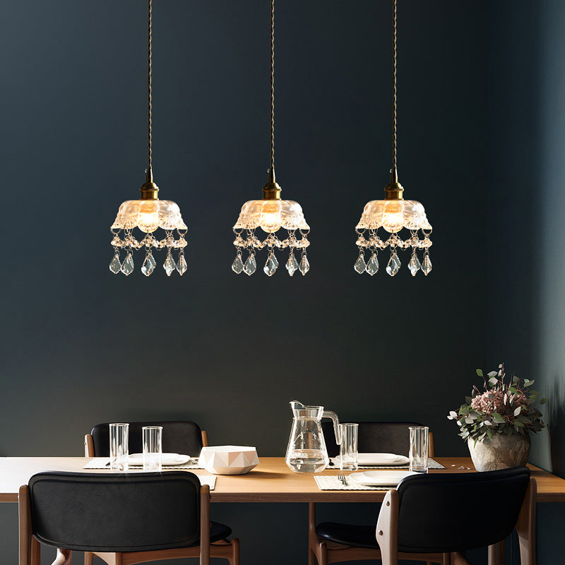 Plafonnier industriel en verre transparent - Suspension simple avec draperie en cristal pour salle à manger