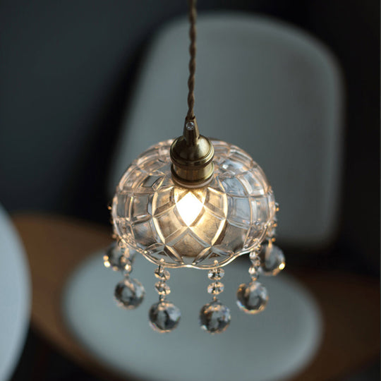 Clear Glass Industrial Pendant Light With Crystal Draping - Elegant Dining Room Ceiling Fixture / B