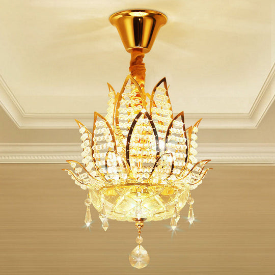 Lustre boule de cristal à facettes Lotus - Suspension dorée moderne, 3 lumières pour couloir