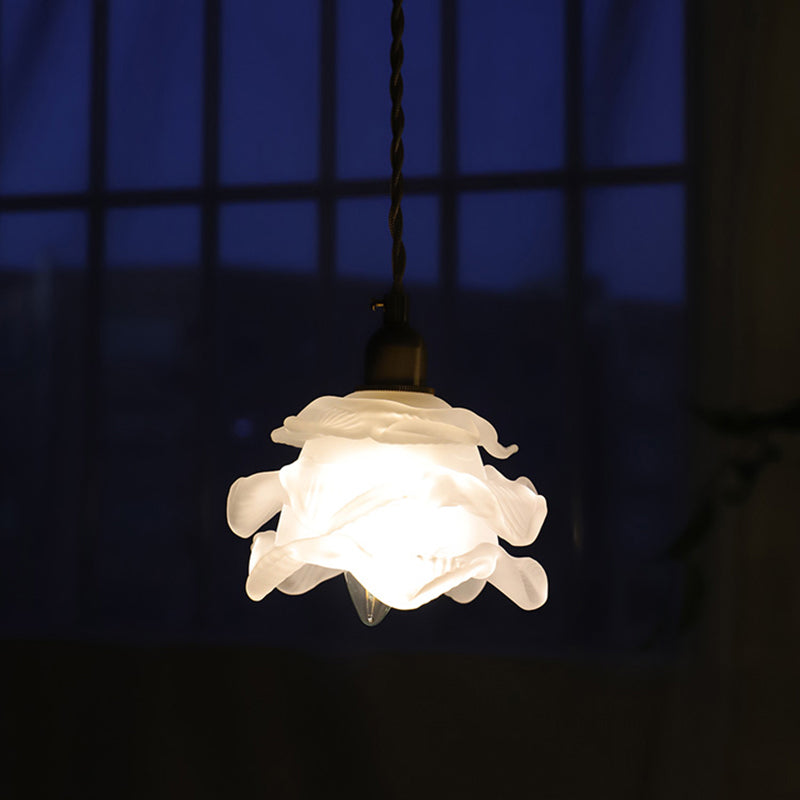 Vintage Hanging Lamp: Textured White Glass Petal, Single-Bulb Pendant for Bedroom Lighting