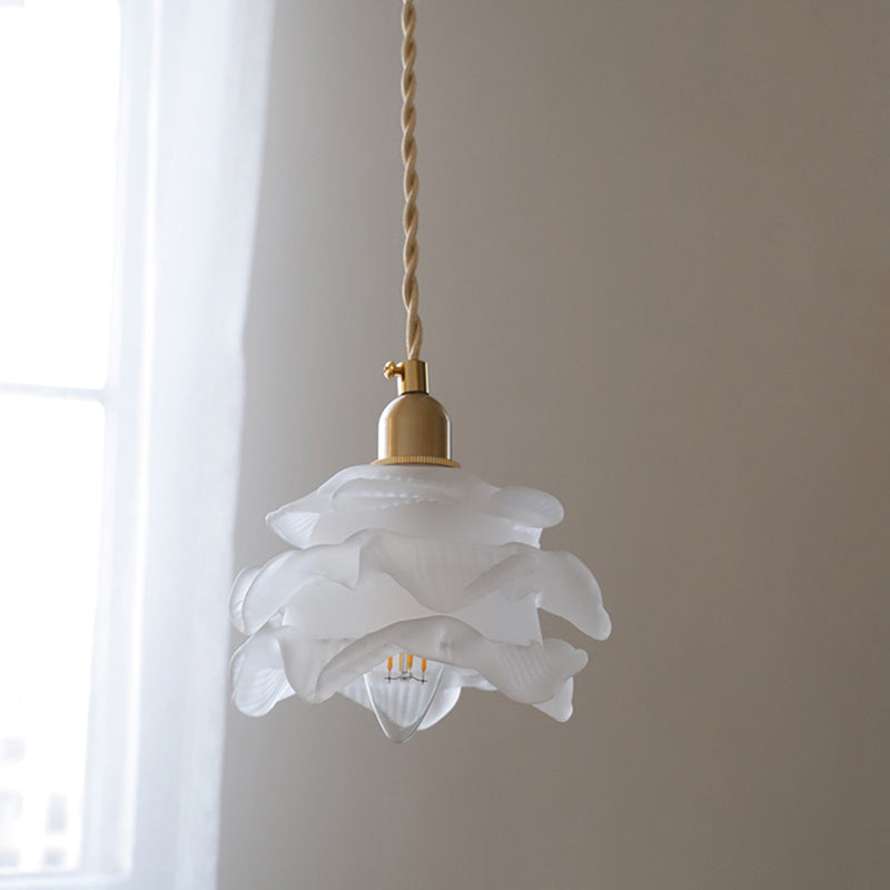 Vintage Hanging Lamp: Textured White Glass Petal, Single-Bulb Pendant for Bedroom Lighting