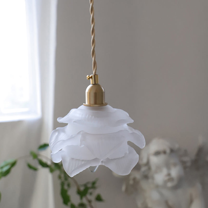 Vintage Hanging Lamp: Textured White Glass Petal, Single-Bulb Pendant for Bedroom Lighting