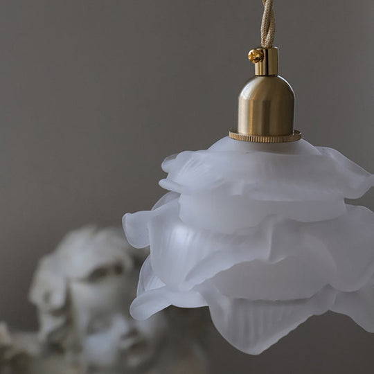 Vintage Glass Petal Hanging Lamp - Textured White Single-Bulb Pendant For Bedroom Lighting