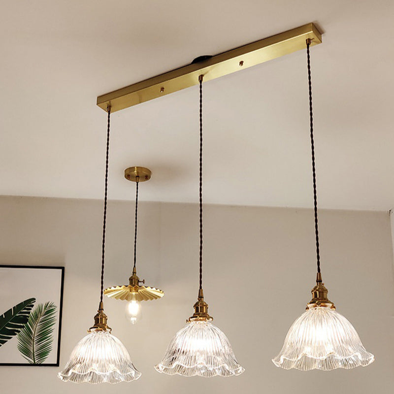 Clear Ribbed Glass Suspension Pendant Light - Floral Shade Simplicity Design For Living Room 3 /