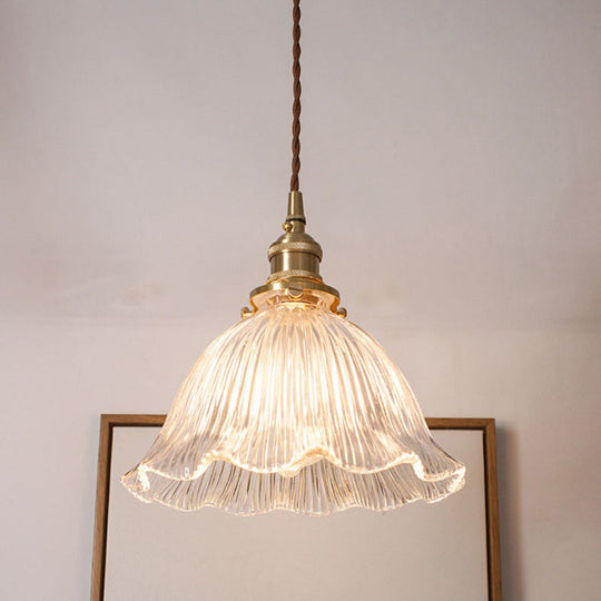 Simplicity Living Room Pendant Light Fixture with Clear Ribbed Glass Shade and Floral Design