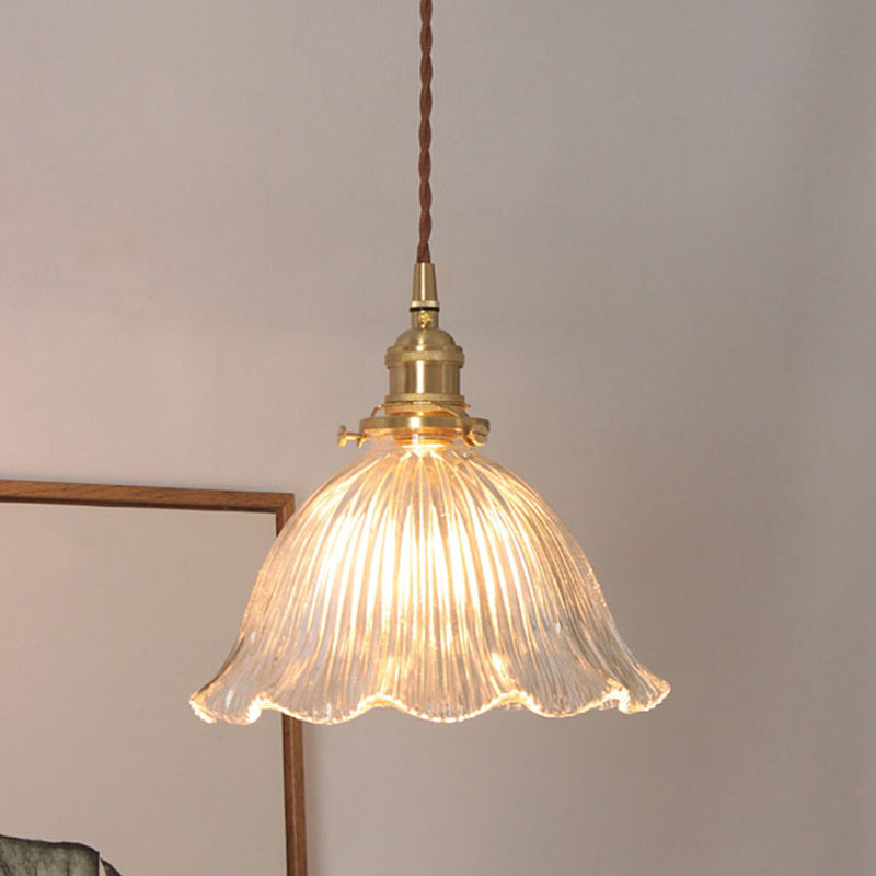 Clear Ribbed Glass Suspension Pendant Light - Floral Shade Simplicity Design For Living Room