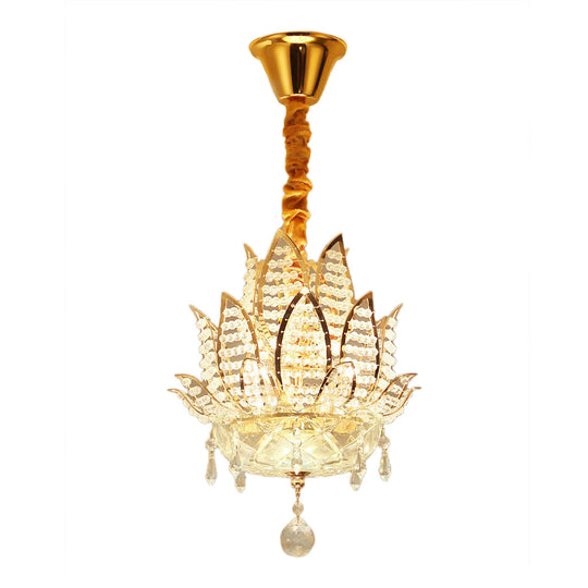 Lustre boule de cristal à facettes Lotus - Suspension dorée moderne, 3 lumières pour couloir