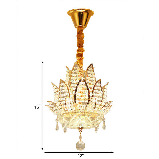 Lustre boule de cristal à facettes Lotus - Suspension dorée moderne, 3 lumières pour couloir