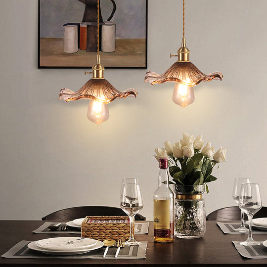 Floral Textured Glass Pendant Light - Retro Style Bulb Hanging Fixture For Dining Room Coffee / A