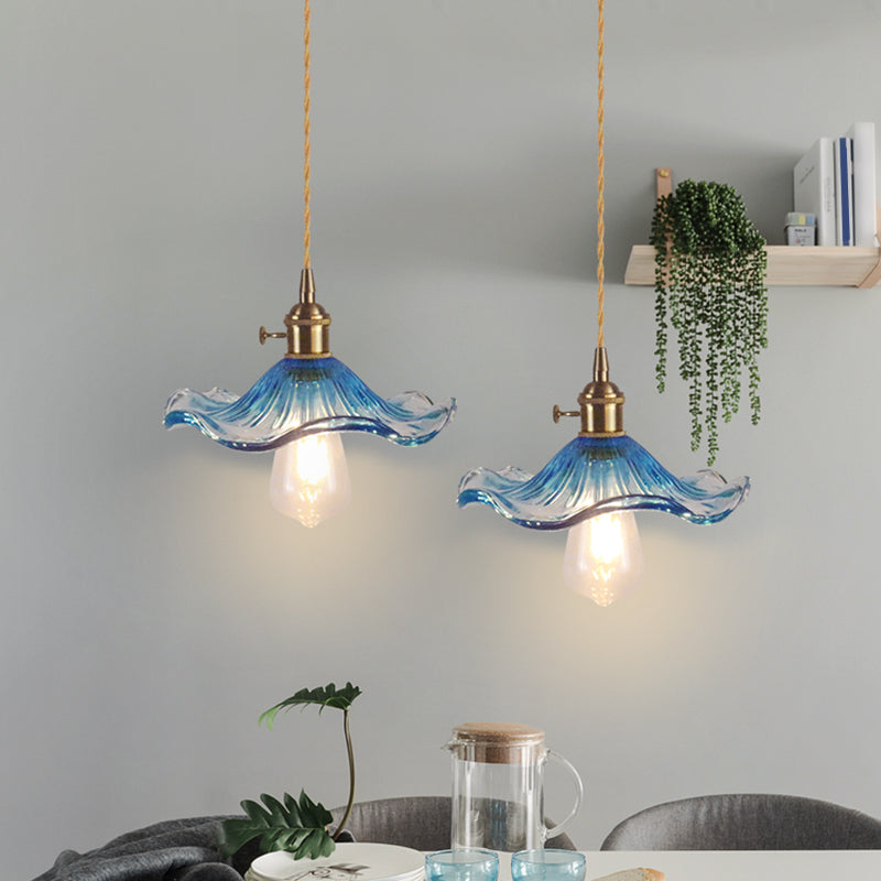 Floral Textured Glass Pendant Light - Retro Style Bulb Hanging Fixture For Dining Room Blue / A