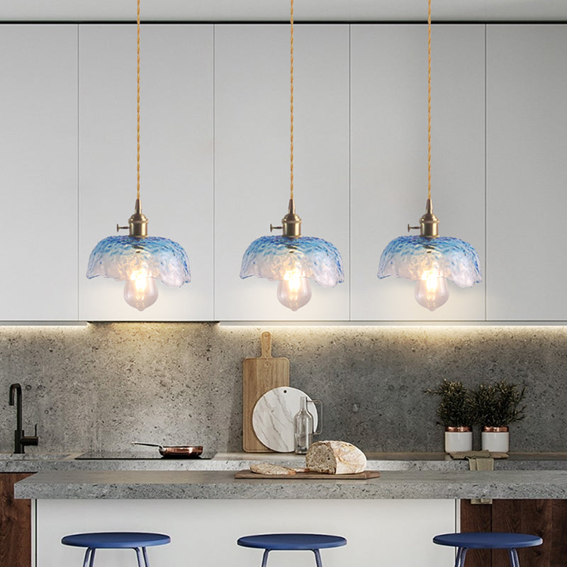 Floral Textured Glass Pendant Light - Retro Style Bulb Hanging Fixture For Dining Room Blue / C