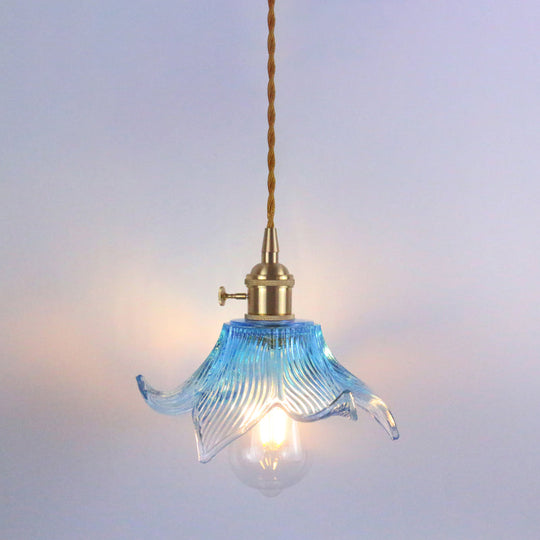 Floral Textured Glass Pendant Light - Retro Style Bulb Hanging Fixture For Dining Room Blue / D