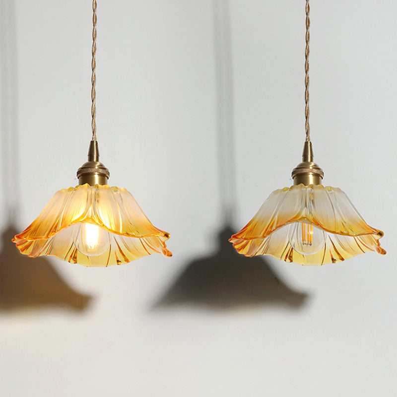 Industrial Yellow Glass Flower Pendant Light For Restaurants - Single Ceiling Hang