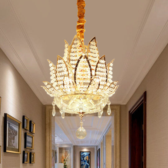 Modern Gold Lotus Crystal Ball Chandelier - 3-Light Hallway Hanging Light