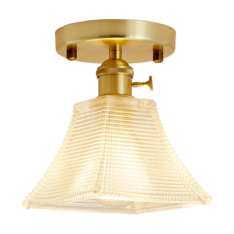 Minimalist Gold Tapered Semi Flush Mount Prismatic Glass Ceiling Light For Corridors - 1 Head