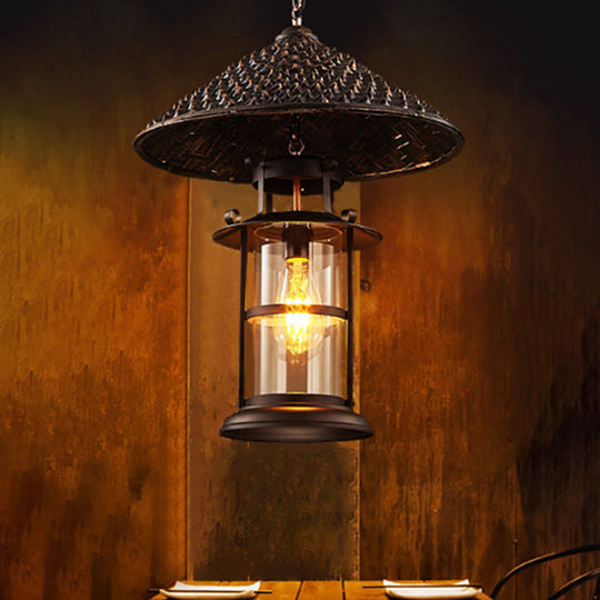 Retro Single Pendant Ceiling Light With Glass Shade - Straw Hat Metal Suspension Lighting For