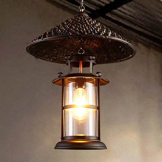 Retro Suspension Lighting: Single Straw Hat Metal Pendant Light with Glass Shade for Restaurants