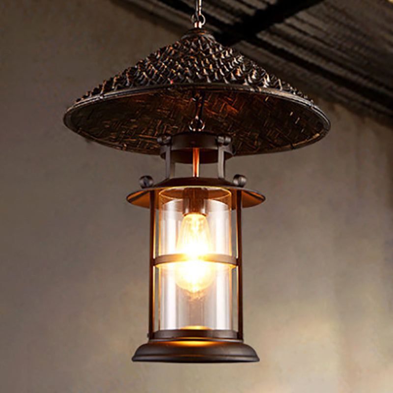 Retro Single Pendant Ceiling Light With Glass Shade - Straw Hat Metal Suspension Lighting For