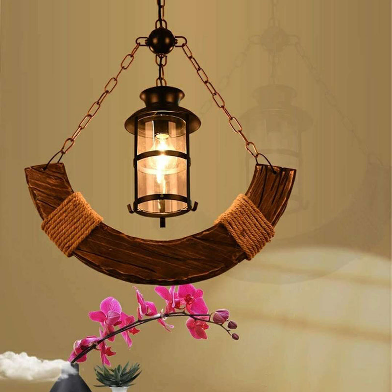 Industrial 1-Head Cylindrical Clear Glass Ceiling Pendant Light W/ Distressed Wood - Perfect For