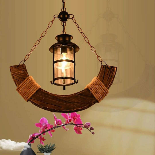 Industrial 1-Head Cylindrical Clear Glass Ceiling Pendant Light W/ Distressed Wood - Perfect For