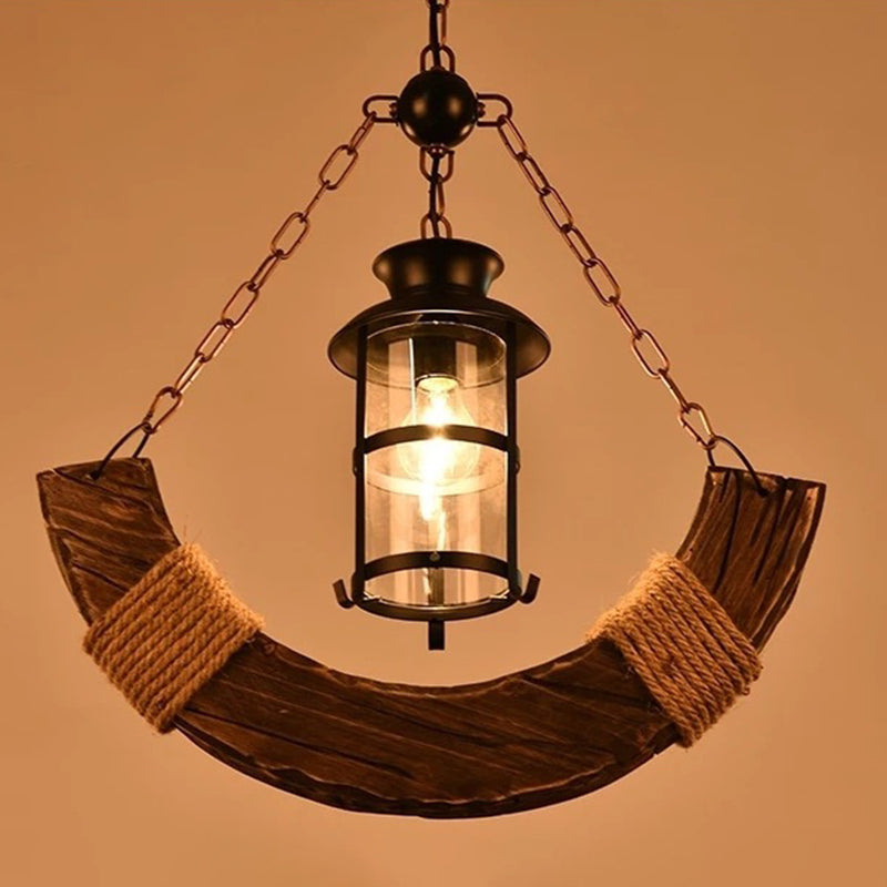 Industrial Pendant Light: Clear Glass Cylinder with Distressed Wood Finish - Perfect for Restaurants and Ceilings