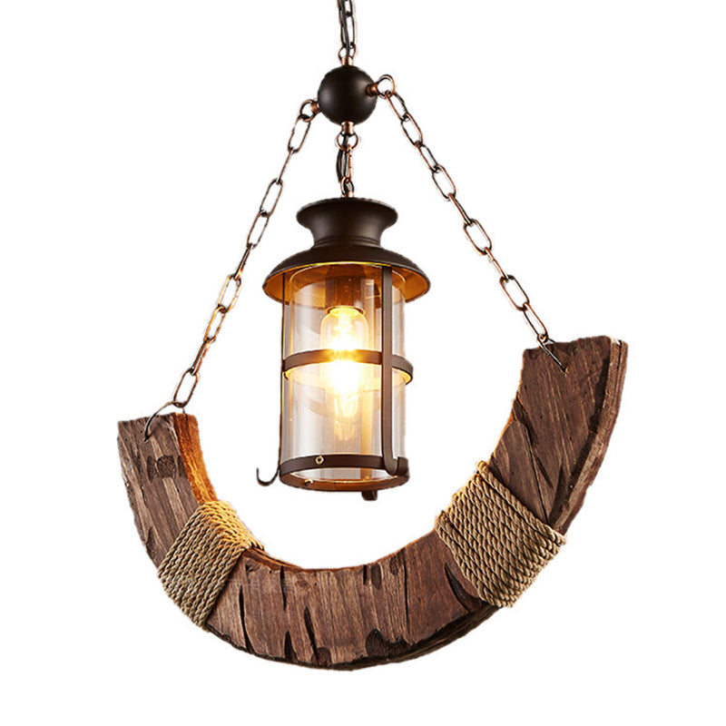 Industrial Pendant Light: Clear Glass Cylinder with Distressed Wood Finish - Perfect for Restaurants and Ceilings