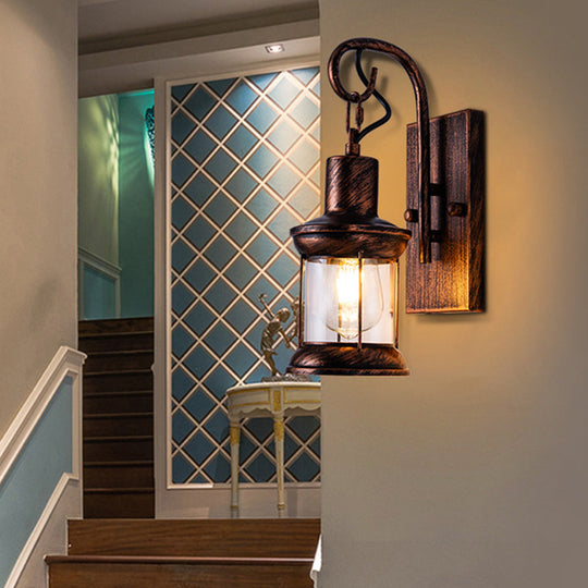 Retro Style Bronze Iron Lantern Wall Light - Single-Bulb Fixture For Restaurant Lighting