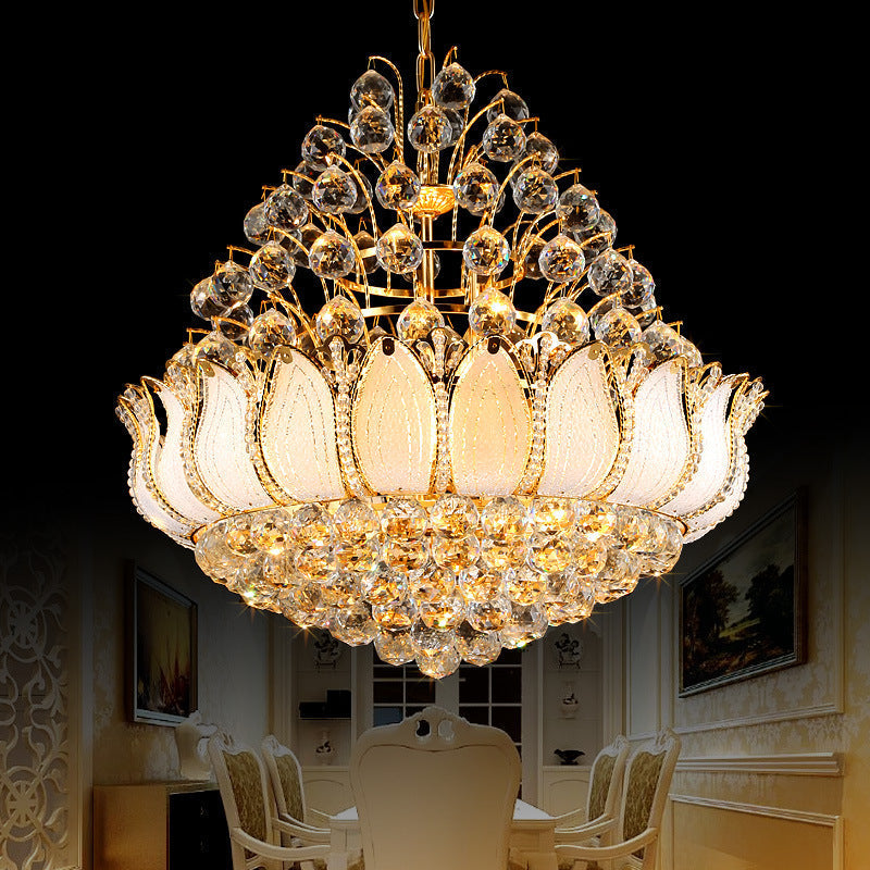 Contemporary Gold Lotus Hanging Light Chandelier - 9/11 Lights Faceted Crystal Ball Fixture