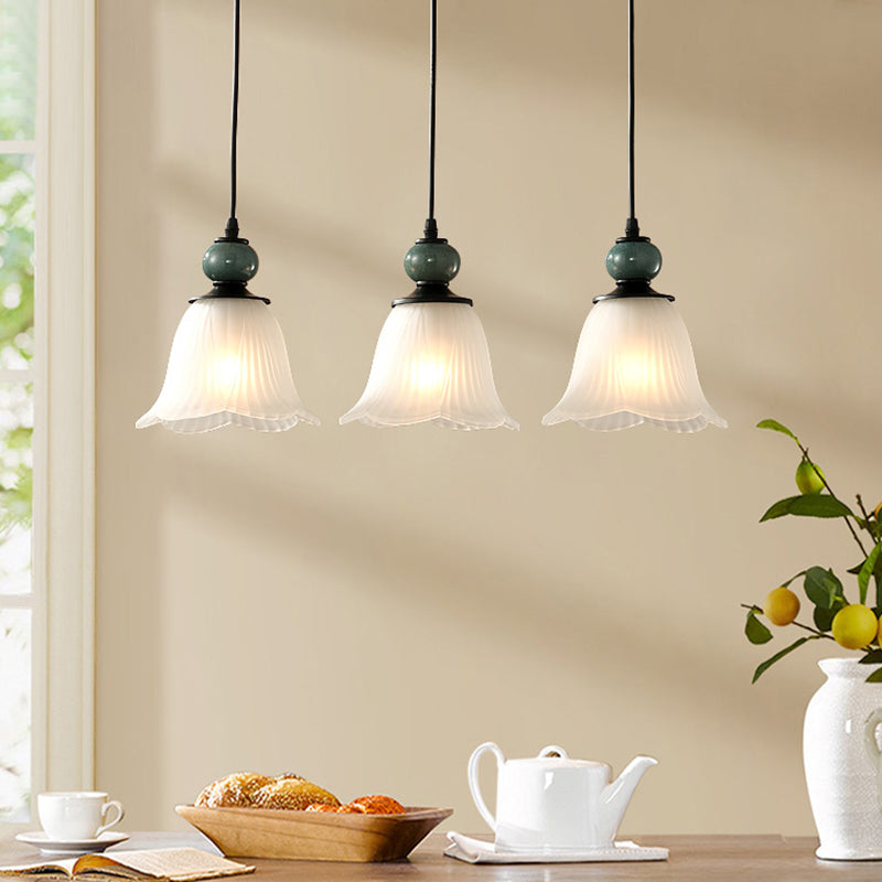 Retro Style Floral Shade Pendant Light Set - 3 Bulbs Ribbed Ruffled Glass Black / Linear