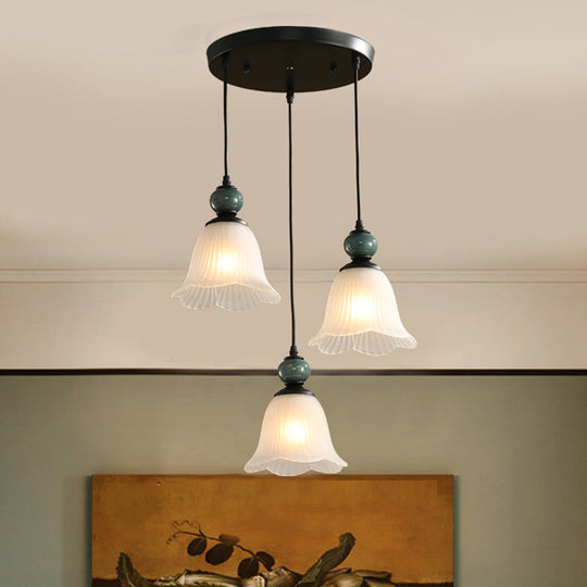 Retro Style Floral Shade Pendant Light Set - 3 Bulbs Ribbed Ruffled Glass Black