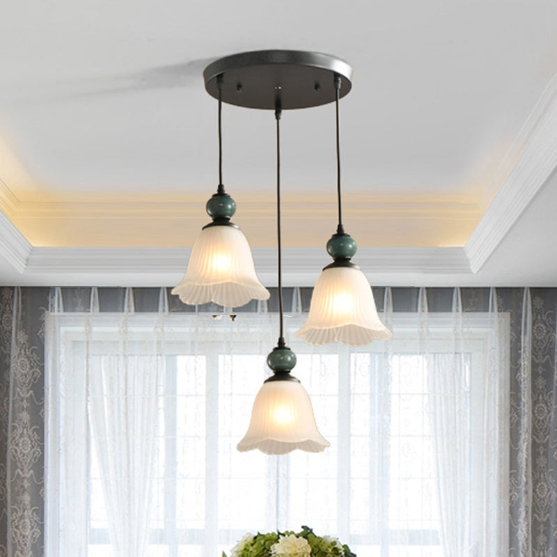 Retro Style Floral Shade Pendant Light Set - 3 Bulbs Ribbed Ruffled Glass Black