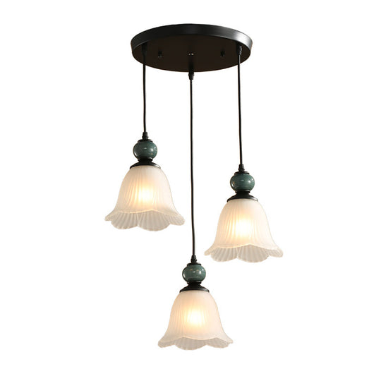 Retro Style Floral Shade Pendant Light Set - 3 Bulbs Ribbed Ruffled Glass Black