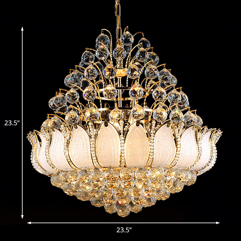 Contemporary Gold Lotus Hanging Light Chandelier - 9/11 Lights Faceted Crystal Ball Fixture