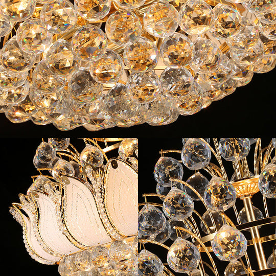 Contemporary Gold Lotus Hanging Light Chandelier - 9/11 Lights Faceted Crystal Ball Fixture