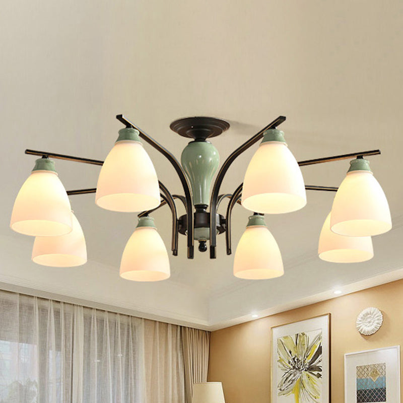 Opal Glass Bell Semi Flush Chandelier in Light Green - Classic Living Room Light Fixture