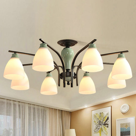 Opal Glass Bell Semi Flush Chandelier In Light Green - Classic Living Room Fixture