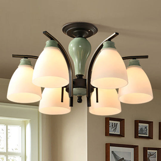 Opal Glass Bell Semi Flush Chandelier in Light Green - Classic Living Room Light Fixture